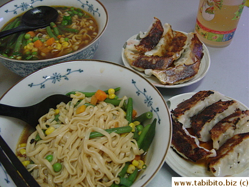 Our first meal after the trip: noodles (from Taiwan) and pan-fried frozen dumplings at 11 pm