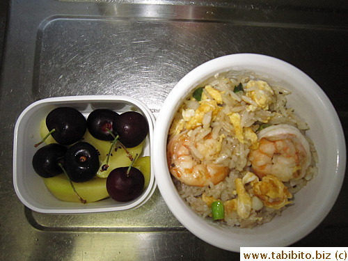 Fried rice, cherries, kiwi